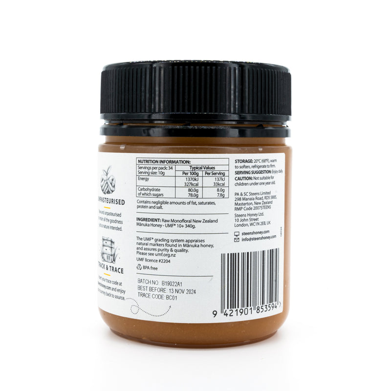 Steens Raw Manuka Honey UMF 10+ MGO263+ 225G / 250G jar from New Zealand Back View