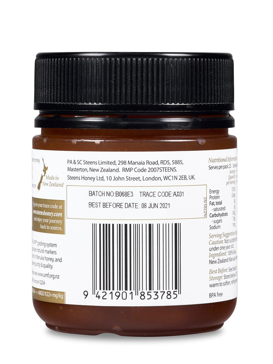 Steens Raw Manuka Honey UMF 24+ MGO1122+ 250G jar from New Zealand Back View